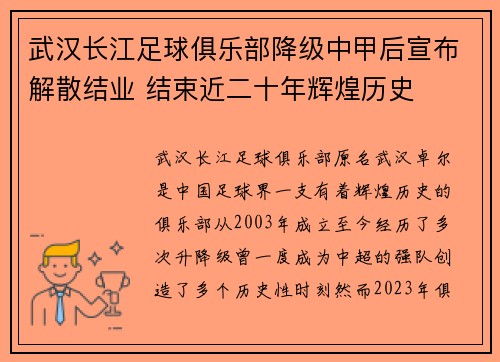 武汉长江足球俱乐部降级中甲后宣布解散结业 结束近二十年辉煌历史 武汉长江足球俱乐部降级中甲后宣布解散结业 结束近二十年辉煌历史